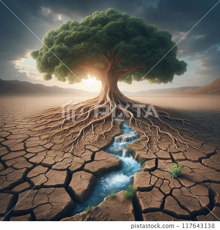 A majestic tree with sprawling roots stands near a serene water stream 117643138
