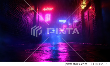 A neon sign lit up in the rain. The sign says "Hobart" in neon lights 117643596