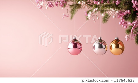 A pink, orange, and white Christmas ornament hangs from a tree branch A pink, orange, and white Christmas ornament hangs from a tree branch 117643622