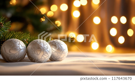 Three silver Christmas ornaments are sitting on a white surface Three silver Christmas ornaments are sitting on a white surface 117643670