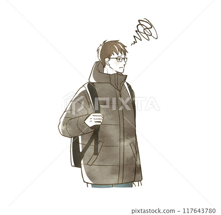 A man with a troubled expression carrying a backpack 117643780