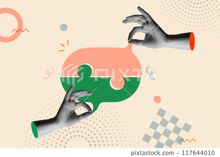 Speech balloon puzzle and human hand in retro collage vector illustration 117644010