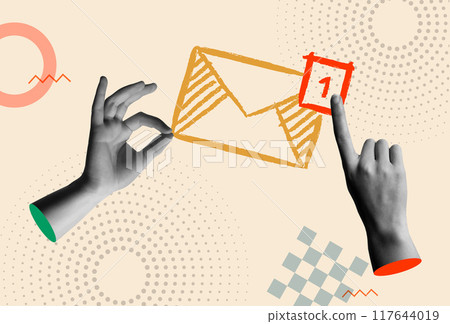 Inbox mail message notification and hand in retro collage vector Inbox mail message notification and hand in retro collage vector 117644019