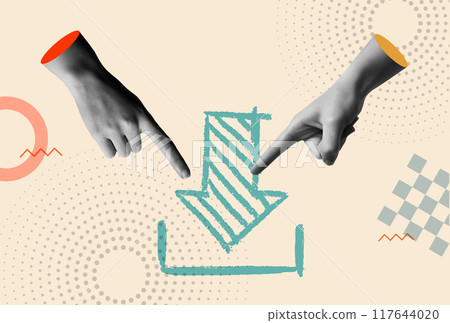 Download arrow icon and human hands in retro collage vector illustration Download arrow icon and human hands in retro collage vector illustration 117644020