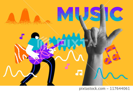Man musician playing rock guitar and human hand gesture retro collage illustration Man musician playing rock guitar and human hand gesture retro collage illustration 117644061