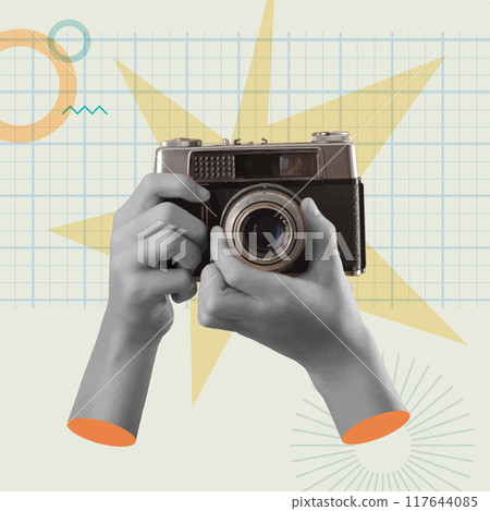 Hands shooting a retro camera in a collage vector illustration, photography concept. 117644085