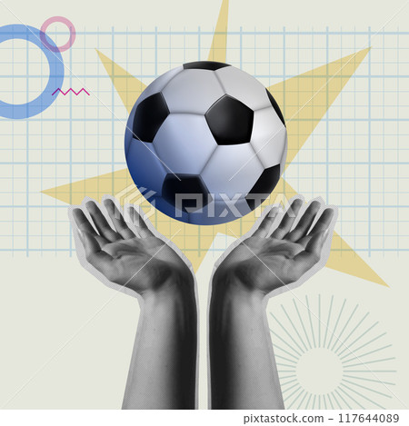 Human hand and soccer ball in retro collage vector illustration Human hand and soccer ball in retro collage vector illustration 117644089