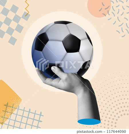 Human hand holding a soccer ball in a collage vector illustration Human hand holding a soccer ball in a collage vector illustration 117644090