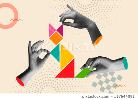 Human hands play tangram puzzle in retro collage vector illustration Human hands play tangram puzzle in retro collage vector illustration 117644091