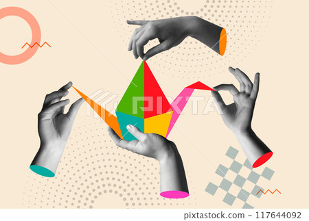 Human hands creating origami bird in retro collage vector illustration 117644092
