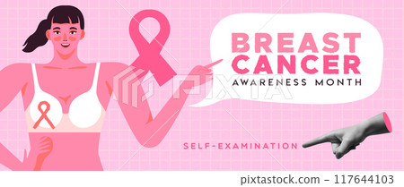 Breast cancer prevention self exam woman in bra in retro collage vector illustration Breast cancer prevention self exam woman in bra in retro collage vector illustration 117644103