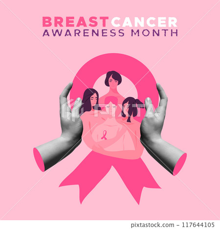 Breast cancer card women friends hug and hands in retro collage vector illustration 117644105