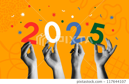 Happy New Year 2025 and human hands in collage vector illustration Happy New Year 2025 and human hands in collage vector illustration 117644107