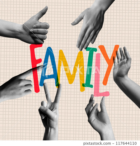 Colorful Family text with human hands in retro collage vector illustration 117644110