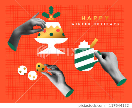 Christmas food and human hands in retro collage vector illustration Christmas food and human hands in retro collage vector illustration 117644122