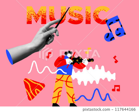 Musical man playing violin and human hand gesture collage vector design 117644166