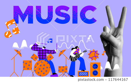 People musical band and human hand gesture collage vector illustration 117644167
