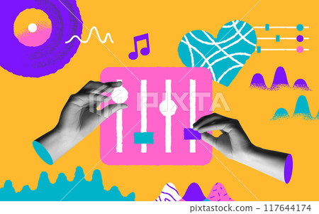 Retro music technology cartoon and hands retro collage vector illustration 117644174
