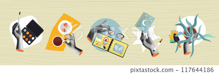 Hobbies and leisure workshop with hands in retro collage vector illustration set 117644186