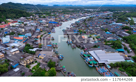 Aerial view of fishing village and gulf at Pak Nam Sichon, estuary area in Chumphon Province, Thailand. 117644266