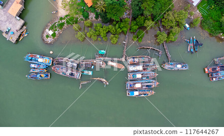 Aerial view of fishing village and gulf at Pak Nam Sichon, estuary area in Chumphon Province, Thailand. 117644267