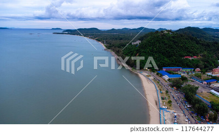 Beautiful view of tropical sea with white sand beach in clear blue sky Prachuap Khiri Khan, Thailand. 117644277