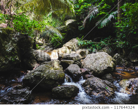 Trai Trung Waterfall, nature trail at Chalerm Rattanakosin National Park, Kanchanaburi, Thailand. 117644324