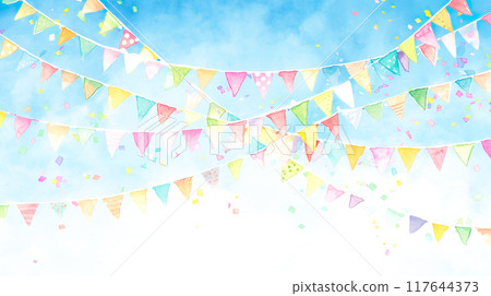 藍天彩色三角旗水彩插圖背景 117644373