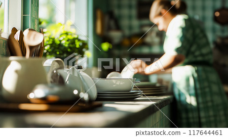 Washing dishes in a bright kitchen Washing dishes in a bright kitchen 117644461