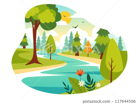 Vector Illustration of a River Landscape with Mountain Views, Green Fields, Trees, and Forests Surrounding the Rivers in a Flat Cartoon Background 117644506