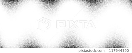 Black stippled wavy gradient texture. Grunge dotted noise background. Gritty scattered sand halftone overlay. Distressed sprayed dot work grain with specks, dust, dots, speckles, particles. Vector 117644590