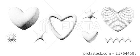 Stippled y2k heart, star and wavy shape collection. Black dotted 3d geometric set. Dotwork grunge grain design elements for banner, poster, decoration, flyer. Textured noise gritty form bundle. Vector 117644593