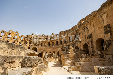 Preserved El Jem Amphitheatre in Tunisia showcasing Roman architecture 117644636