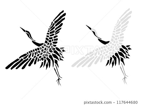 A hand-drawn image material of a monochrome print-style pattern of a crane and a Japanese pattern 117644680