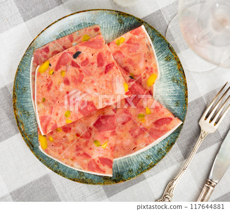 Cabeza, traditional spanish pork sausage on serving table close up 117644881
