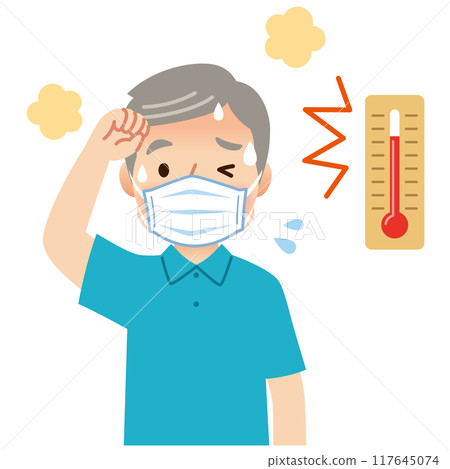 Elderly people sweating while wearing masks, mask heat stroke, high temperature 117645074