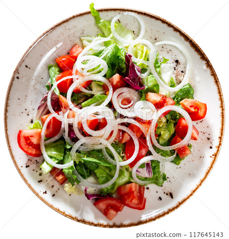 Vitamin salad of fresh vegetables, lettuce, tomatoes, ornamented by garden onion rings Vitamin salad of fresh vegetables, lettuce, tomatoes, ornamented by garden onion rings 117645143