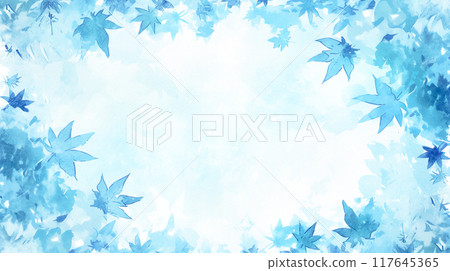 A frame background of watercolor illustrations of maple leaves in beautiful blue tones 117645365