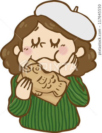 Woman eating taiyaki Woman eating taiyaki 117645550