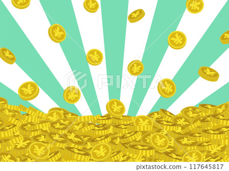 An illustration of a refreshing background of radial circles and a pile of falling money, Japanese yen, and coins 117645817