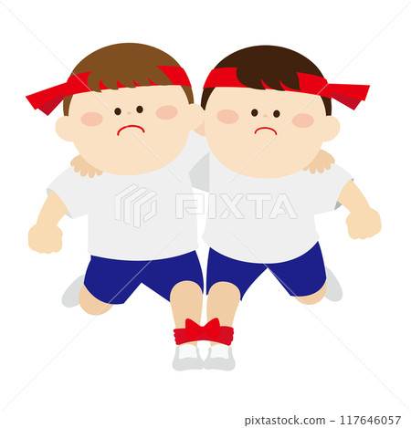 Children wearing headbands doing the three-legged race 117646057