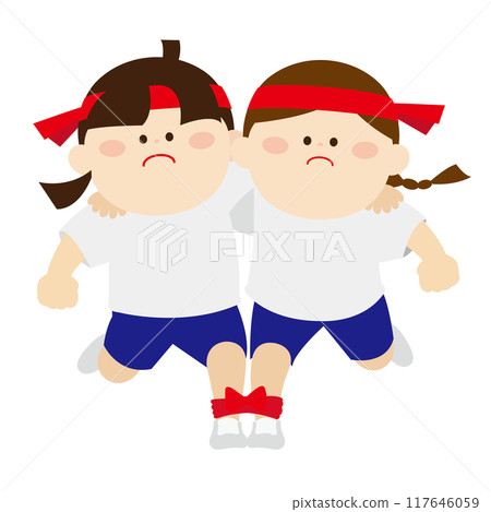 Children wearing headbands doing the three-legged race 117646059