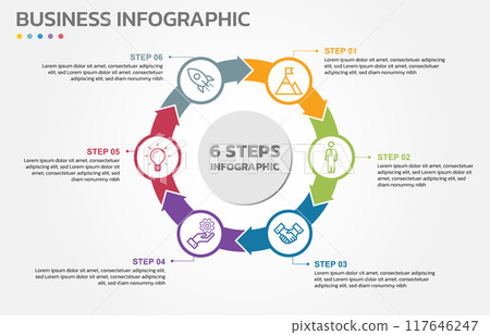 Visual data presentation. Cycle diagram with 6 options. Pie Chart Circle infographic template with 6 steps, options, parts, segments. Business concept. Marketing infographic vector illustration. Visual data presentation. Cycle diagram with 6 options. Pie Chart Circle infographic template with 6 steps, options, parts, segments. Business concept. Marketing infographic vector illustration. 117646247