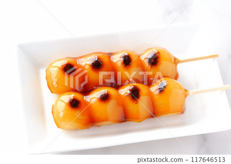 Delicious looking mitarashi dango Delicious looking mitarashi dango 117646513