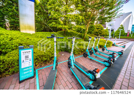 Tokyo cityscape, Japan: An electric scooter sharing service seen in Shinjuku, Nishi-Shinjuku, August 20th Tokyo cityscape, Japan: An electric scooter sharing service seen in Shinjuku, Nishi-Shinjuku, August 20th 117646524