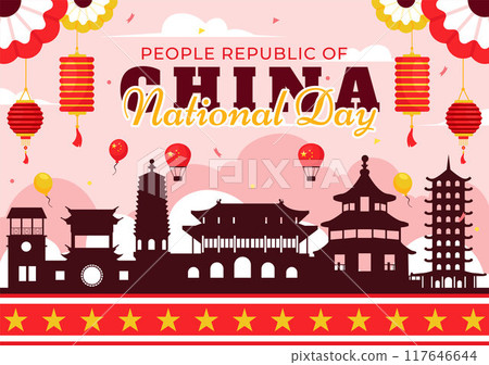 National Day of the People's Republic of China Vector Illustration for October 1st featuring a Waving Flag and Asian Elements in a Flat Red Background 117646644