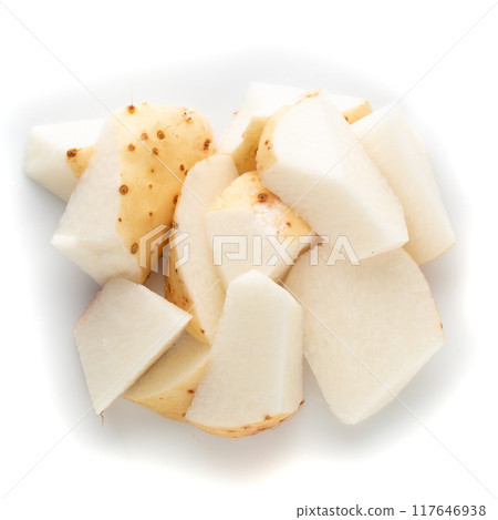 Yamaimo roots and slices or Chinese yam isolated over white background 117646938
