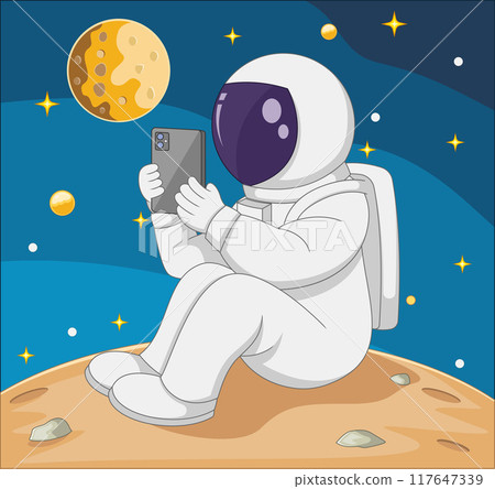 Cartoon astronaut holding a hand phone on the moon Cartoon astronaut holding a hand phone on the moon 117647339
