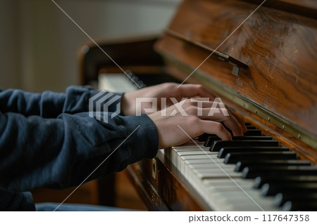Close up of male pianist hands playing on piano Musician performance Generative AI Close up of male pianist hands playing on piano Musician performance Generative AI 117647358