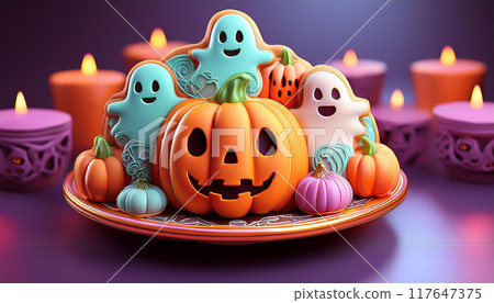 立體可愛鬼魂和南瓜的萬聖節形象 立體可愛鬼魂和南瓜的萬聖節形象 117647375